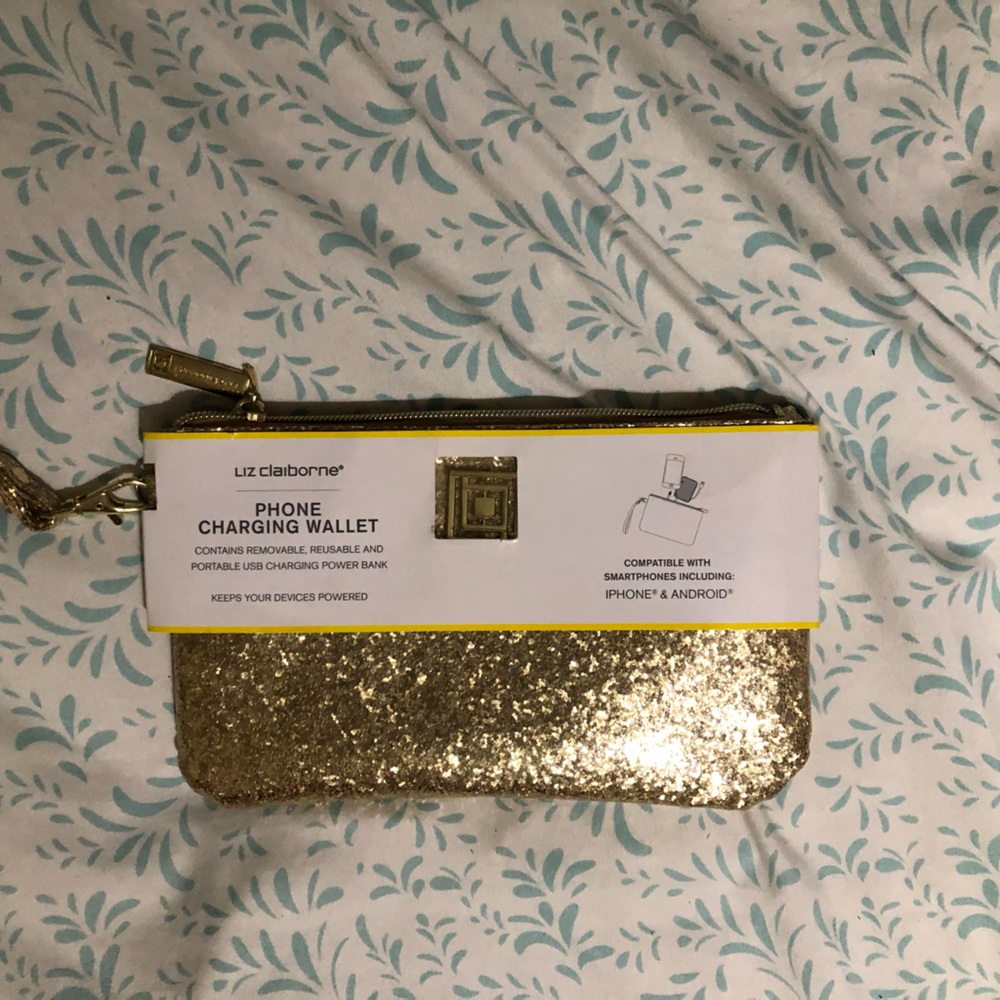 Liz Claiborne sparkly gold clutch with power bank